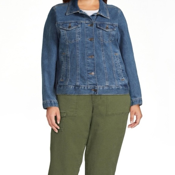 Time And Tru Denim Jean Jacket NEW Womens Large Stretch Buttons Pockets Boho - Picture 1 of 14